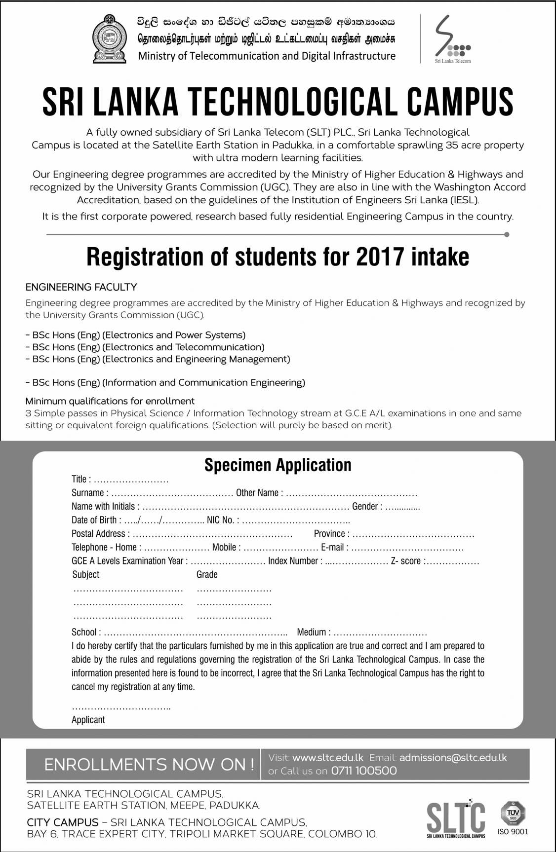 Registration of students for 2017 intake - Sri Lanka Technological Campus